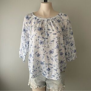 Sears Cottagecore Floral Top Blouse Front Button Blue White Size 6 Petite